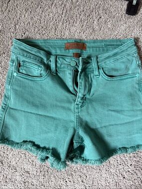 Judy Blue Mint Green High-Rise Denim Shorts with Frayed Hem